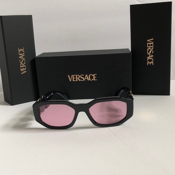 Versace Accessories - New Versace Women’s Black Frame Sunglasses with Pink Lenses and Gold Accents